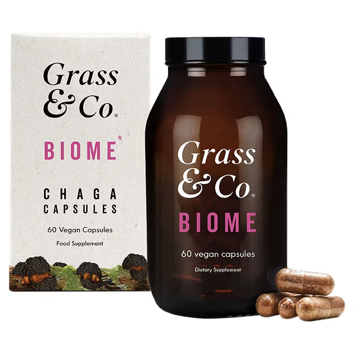 Grass & Co. BIOME Hongos Chaga con Curcumina + Jengibre - 60 Cápsulas Veganas