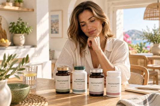 Mujer comparando frascos de multivitamínicos