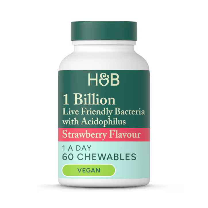 Holland & Barrett 1000 Millones Bacterias vivas Beneficiosas con Acidophilus Sabor Fresa - 60 Comprimidos Masticables