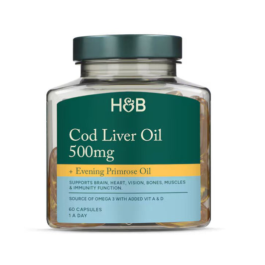 Holland & Barrett Aceite de Hígado de Bacalao 500mg + Aceite de Onagra - 60 cápsulas